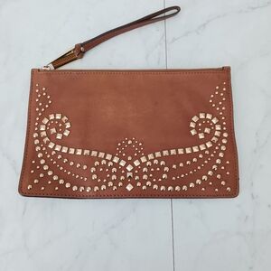 Michael Kors Rhea Gold Studded Caramel Brown Leather Wristlet
